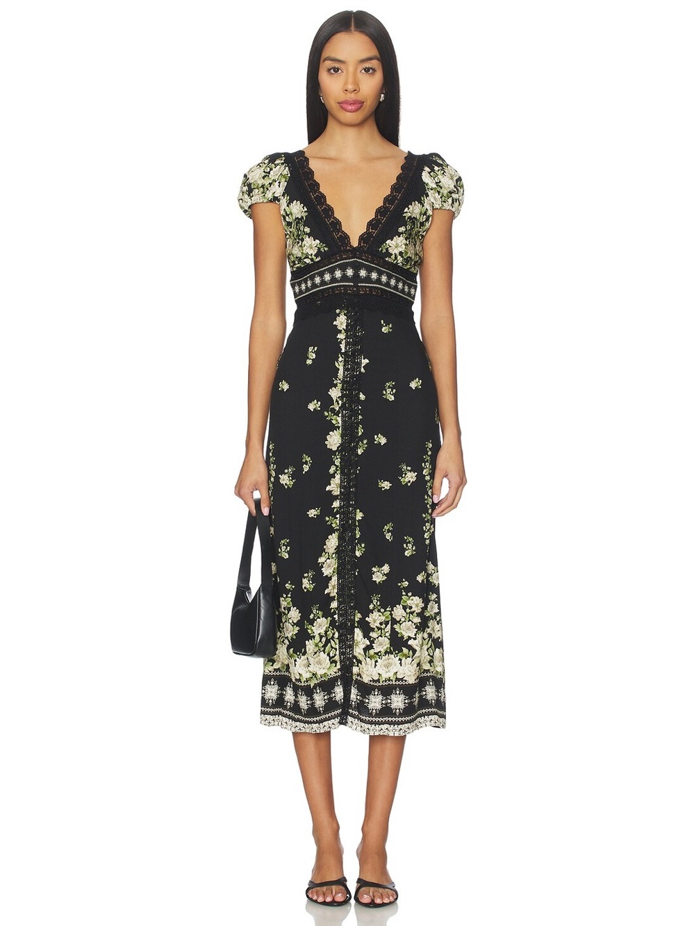 Alice + Olivia Rose Lace Detail Floral Midi Dress Black